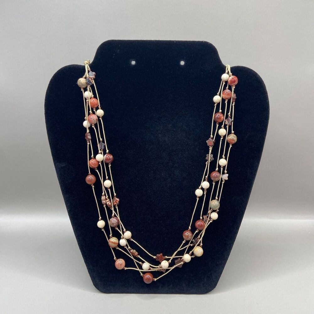 Vintage Multistrand Gemstone Beaded Necklace Jasper Agate Stars Barrel Clasp 28"